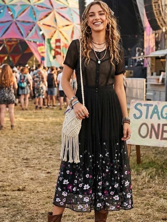 Source Unknown Dresses & Skirts - Black mesh Maxi Dress Large Sheer Floral Embroidered Kimono Cover up